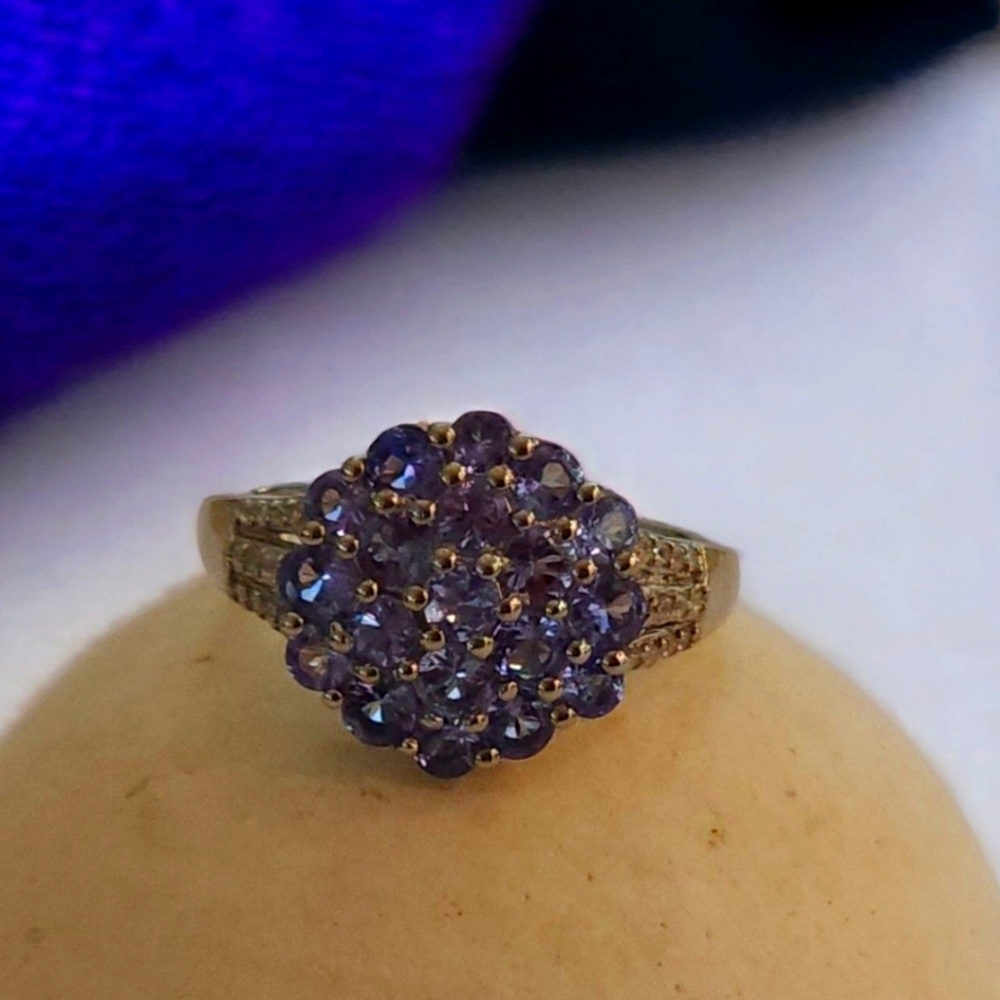 Gemstone Ring, Tanzanite, White Zircon Floral Ring, 925, size 8